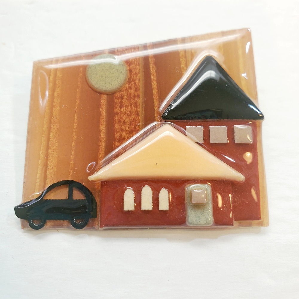 Vintage Lucinda House Pins Asymmetrical 2 Houses with Black Car Pin Brooch